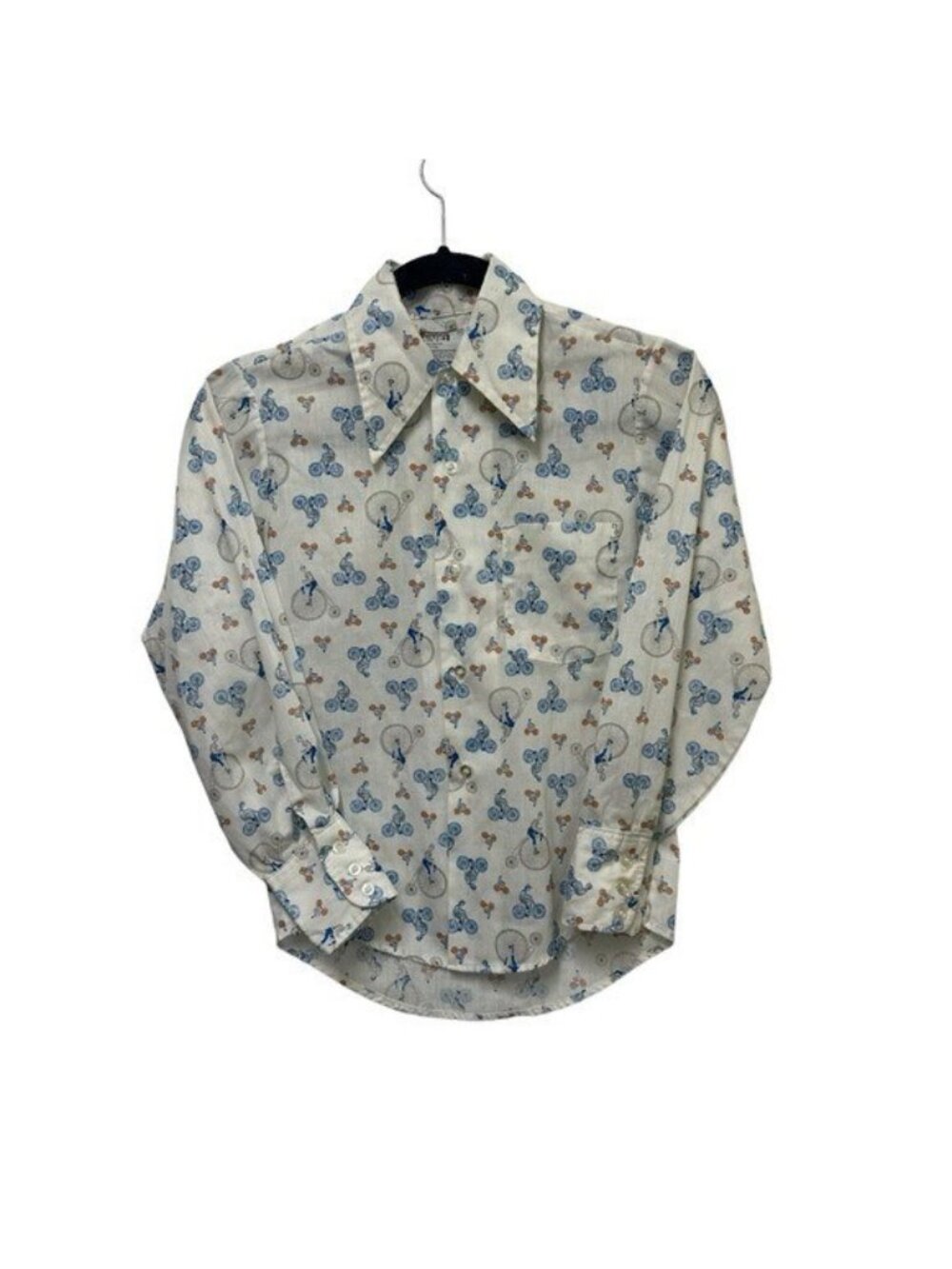 Vintage Montgomery Ward Boys 12 Button Down Shirt Bicycle Print Long Sleeve
